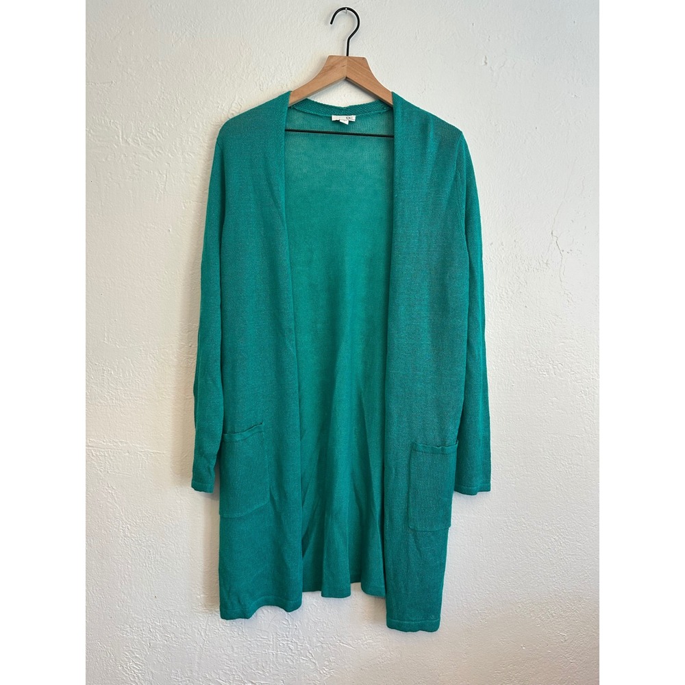 J. Jill Teal Green Linen Blend Open Front Longline Cardigan Sweater Medium